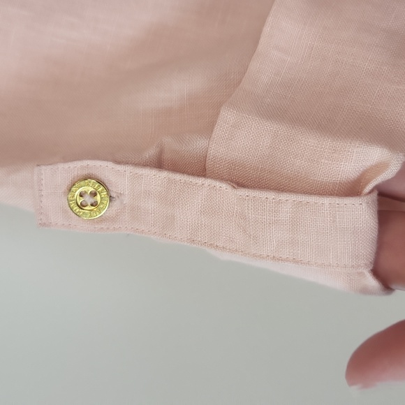 ELLEN TRACY COMPANY 100% Linen Peach Lace Up Roll Tab Tunic Top with Pockets - Picture 5 of 14